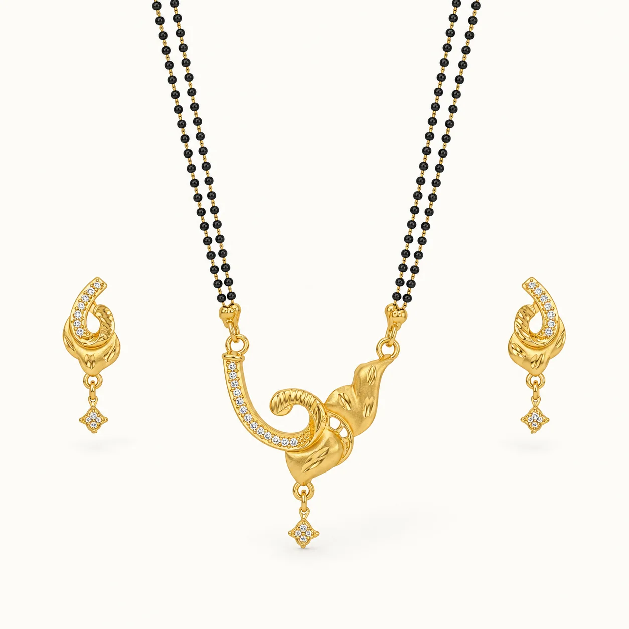 Golden Curl Elegance 1-Gram Gold-Plated CZ Designer Mangalsutra Set with Matching Earrings