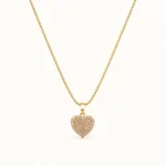 Pink CZ Heart Box Chain Necklace with pink pavé stones, clear CZ halo and polished gold-tone Venetian chain (1)
