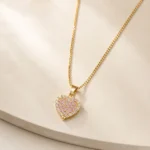 Pink CZ Heart Box Chain Necklace with pink pavé stones, clear CZ halo and polished gold-tone Venetian chain (1)