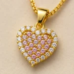 Pink CZ Heart Box Chain Necklace with pink pavé stones, clear CZ halo and polished gold-tone Venetian chain (1)