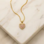 Pink CZ Heart Box Chain Necklace with pink pavé stones, clear CZ halo and polished gold-tone Venetian chain (1)