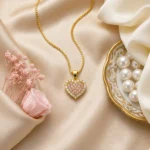 Pink CZ Heart Box Chain Necklace with pink pavé stones, clear CZ halo and polished gold-tone Venetian chain (1)