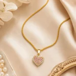 Pink CZ Heart Rope Chain Necklace with pink pavé stones, clear CZ halo and gold-tone finish