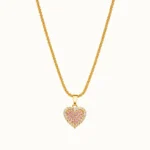 Pink CZ Heart Rope Chain Necklace with pink pavé stones, clear CZ halo and gold-tone finish