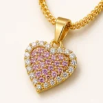 Pink CZ Heart Rope Chain Necklace with pink pavé stones, clear CZ halo and gold-tone finish
