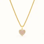 Pink CZ Heart Rope Chain Necklace with pink pavé stones, clear CZ halo and textured gold-tone twisted chain