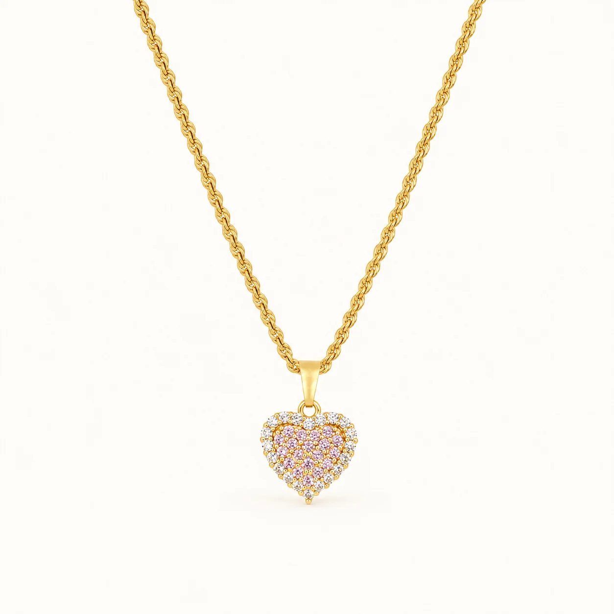 Pink CZ Heart Rope Chain Necklace with pink pavé stones, clear CZ halo and textured gold-tone twisted chain