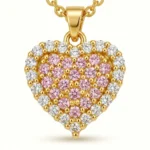 Rose Eclat Pink Heart Curb Chain Necklace with blush-pink pavé CZ stones, clear crystal halo and polished gold-tone links (6)