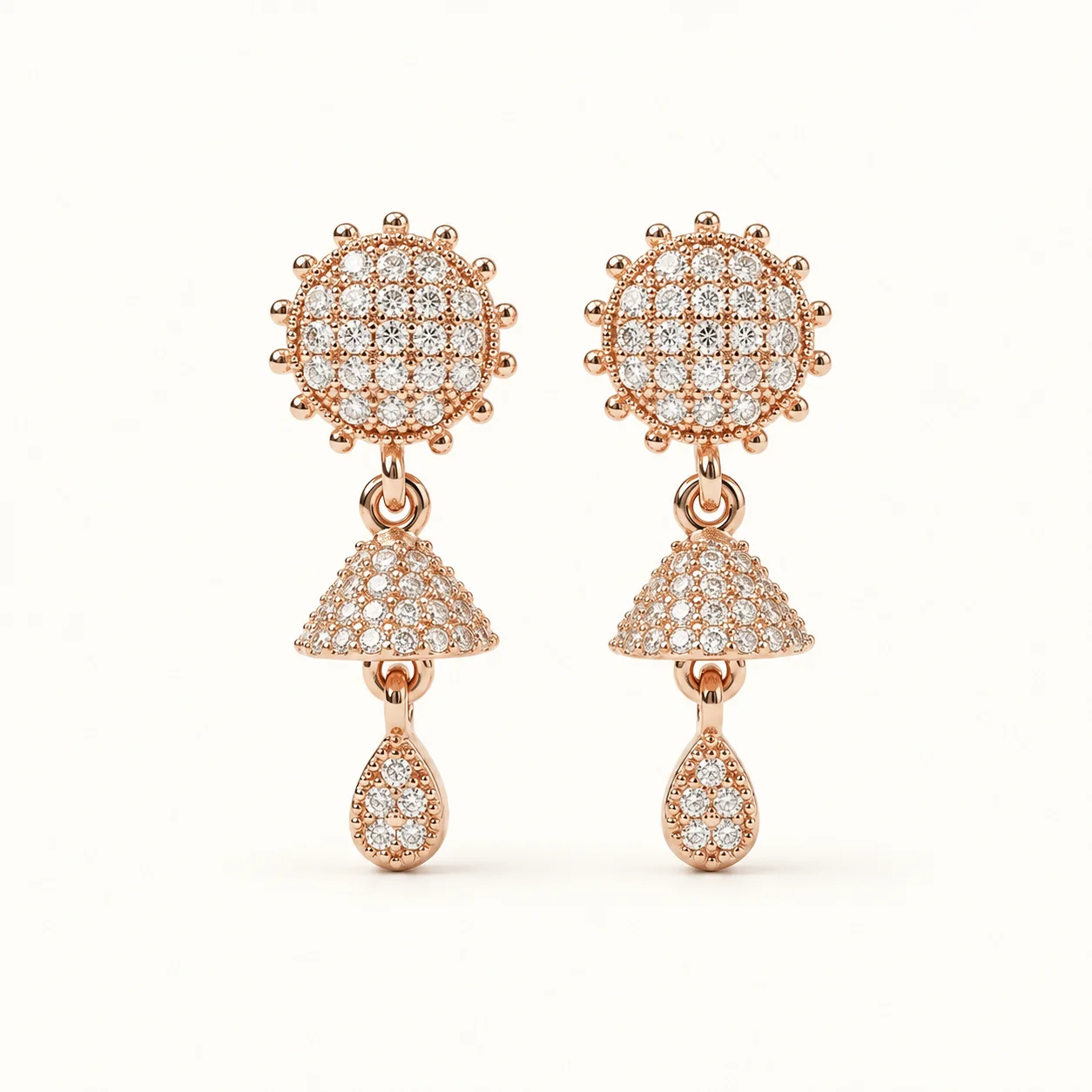 Rose Gold Jhumka Drop Earrings with Cubic Zirconia Stones and Teardrop Dangle for Women