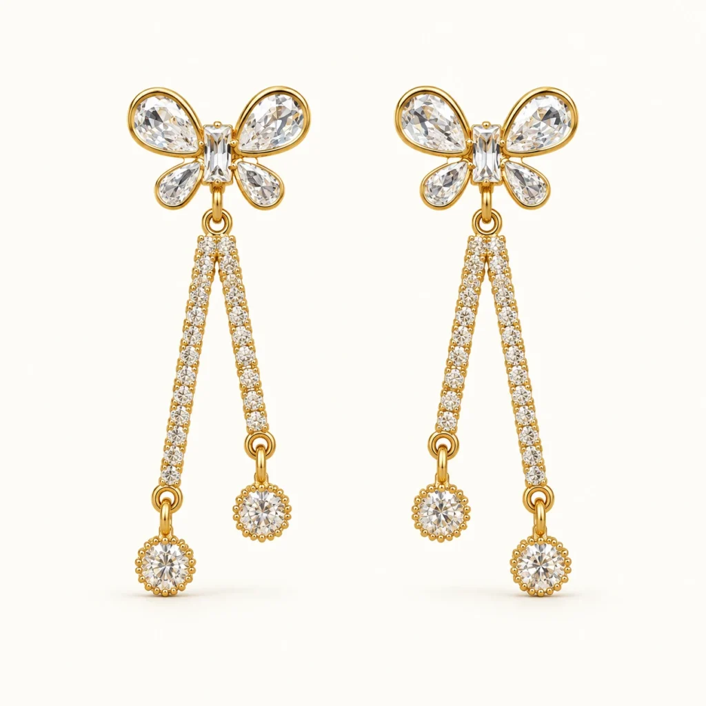 ButterflyLuxe Crystal Chain Drop Earrings with sparkling butterfly tops, crystal-lined chains, round crystal charms, and gold finish
