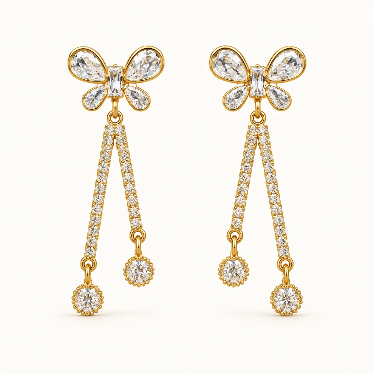 ButterflyLuxe Crystal Chain Drop Earrings with sparkling butterfly tops, crystal-lined chains, round crystal charms, and gold finish