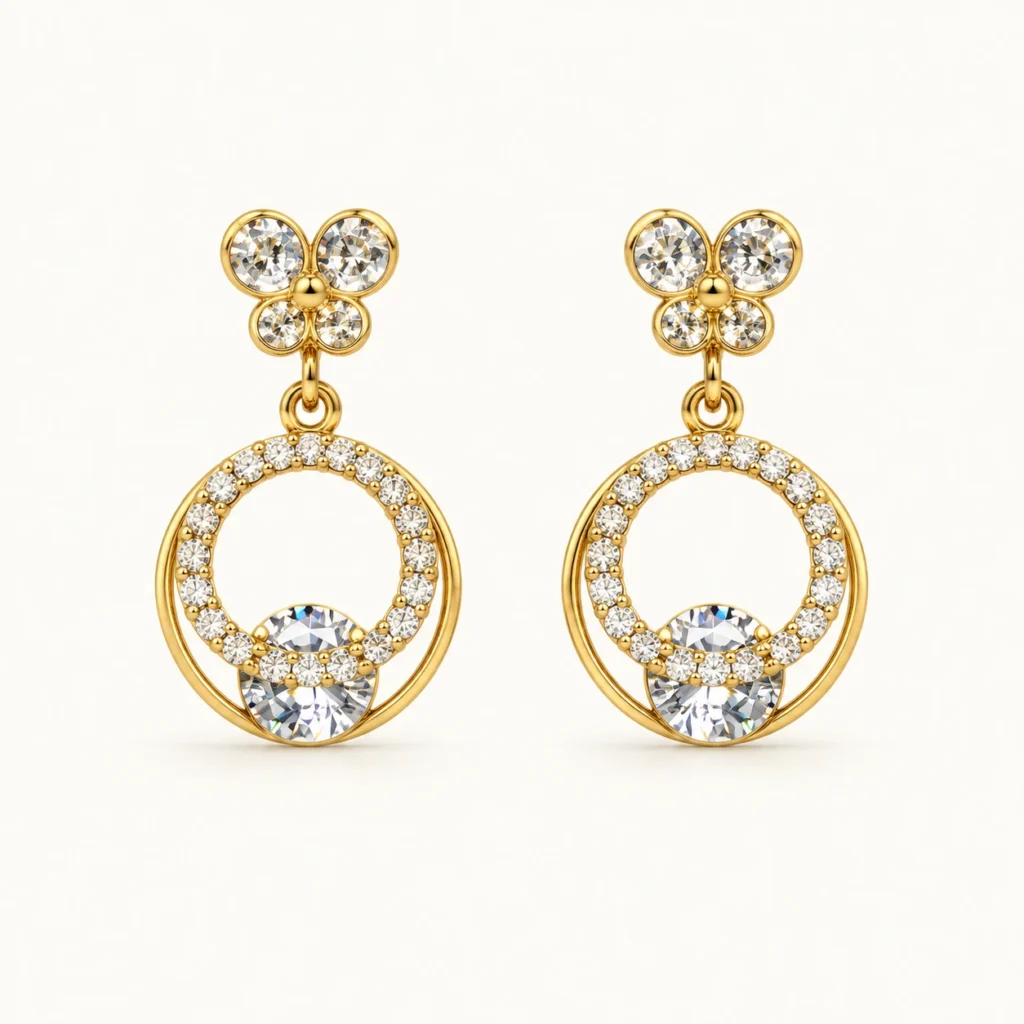 Floral Halo Drop Earrings with 18K Gold Finish and clear sparkling stones
