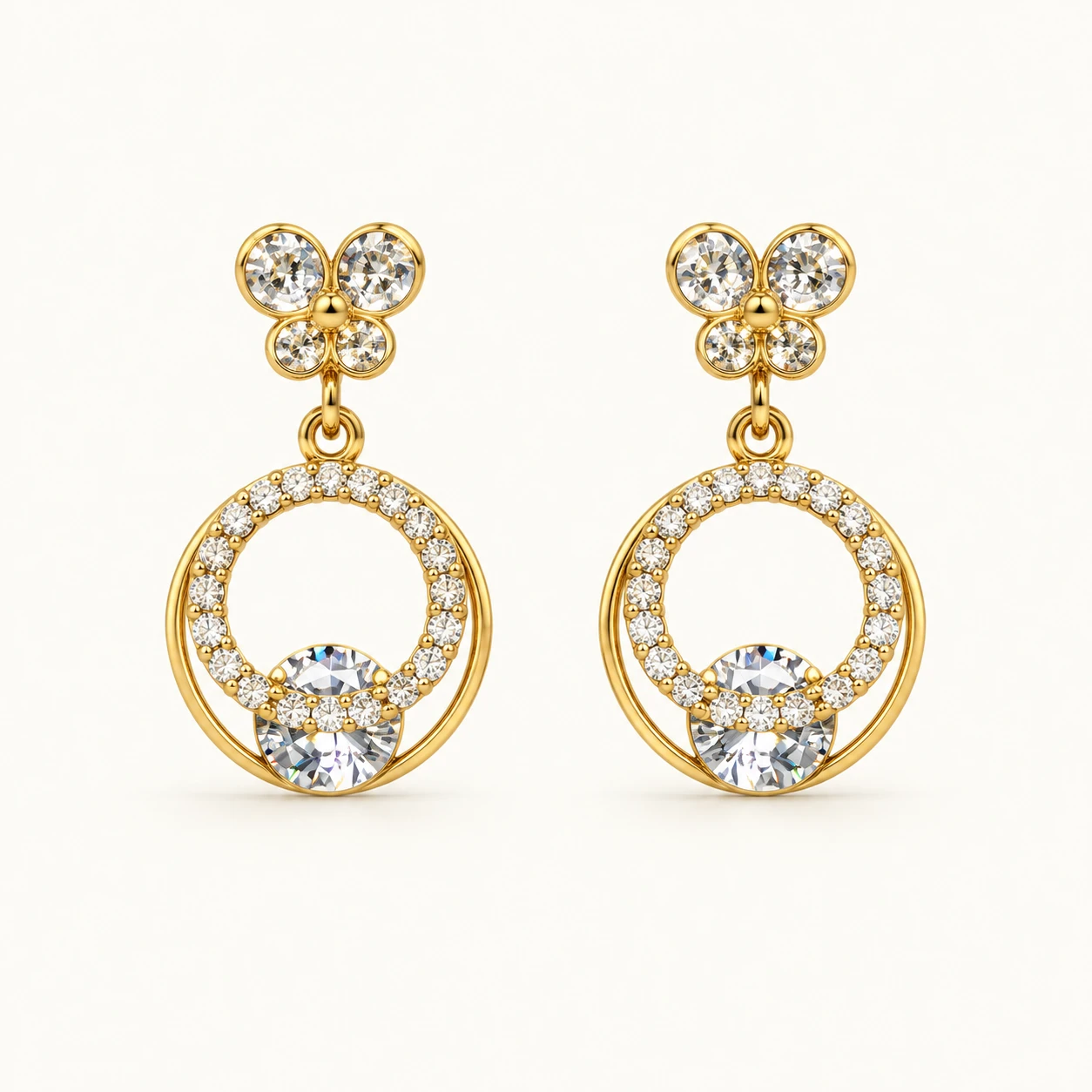 Floral Halo Drop Earrings with 18K Gold Finish and clear sparkling stones