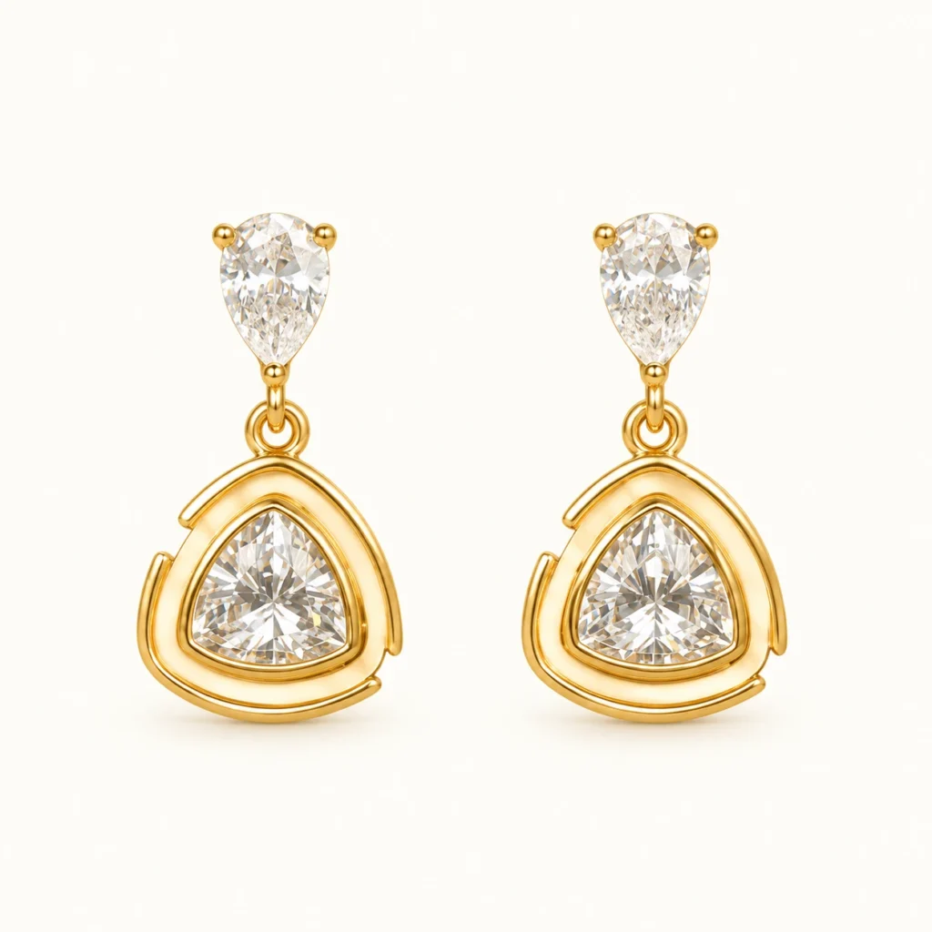 Geometric Gold Drop Earrings with Gold Finish and faceted clear center stone