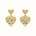 HeartLuxe Crystal Heart Earrings with sparkling clear stones, faceted heart-shaped centerpieces, and polished gold finish