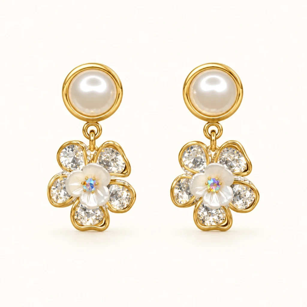 PearlBloom Floral Drop Earrings with pearl studs, sparkling floral crystals, iridescent center accents, and gold finish