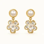 PearlBloom Floral Drop Earrings with pearl studs, sparkling floral crystals, iridescent center accents, and gold finish