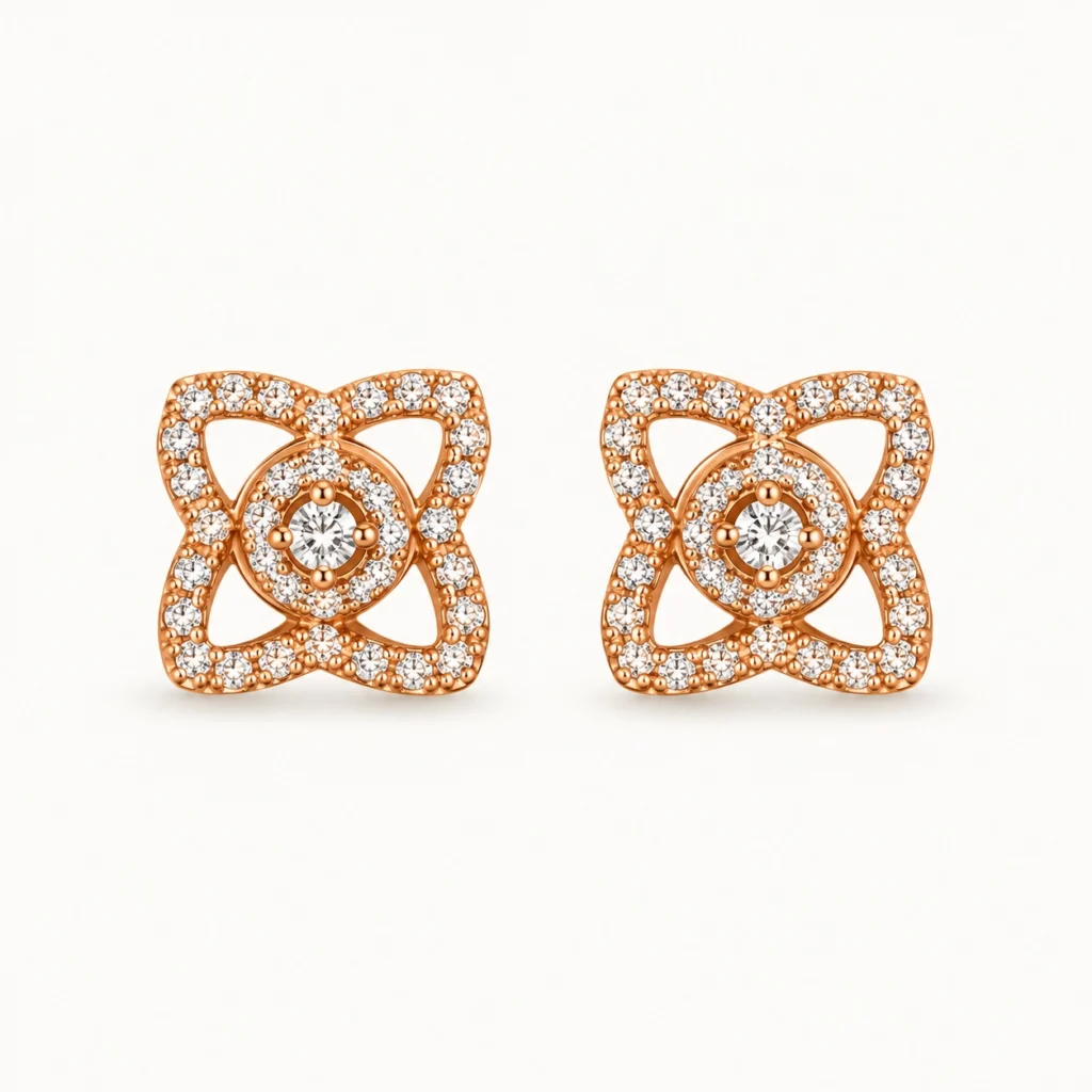 Rose Gold Pavé Floral Stud Earrings featuring an open-cut four-petal design with clear pavé crystals and a central stone